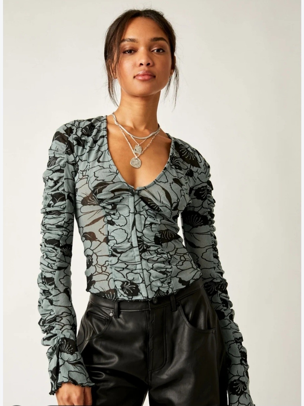 Free People Ruched V-Neck Long-Sleeve Crop Top